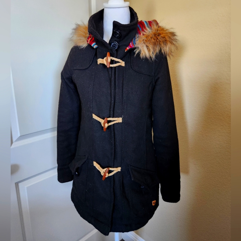 Roxy Women's Coat Faux Fur Hoodie, Multi Color Accents Size Small